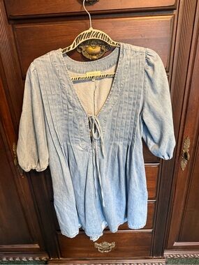 Promesa Light Blue Denim Pintuck Tie-Front Tunic